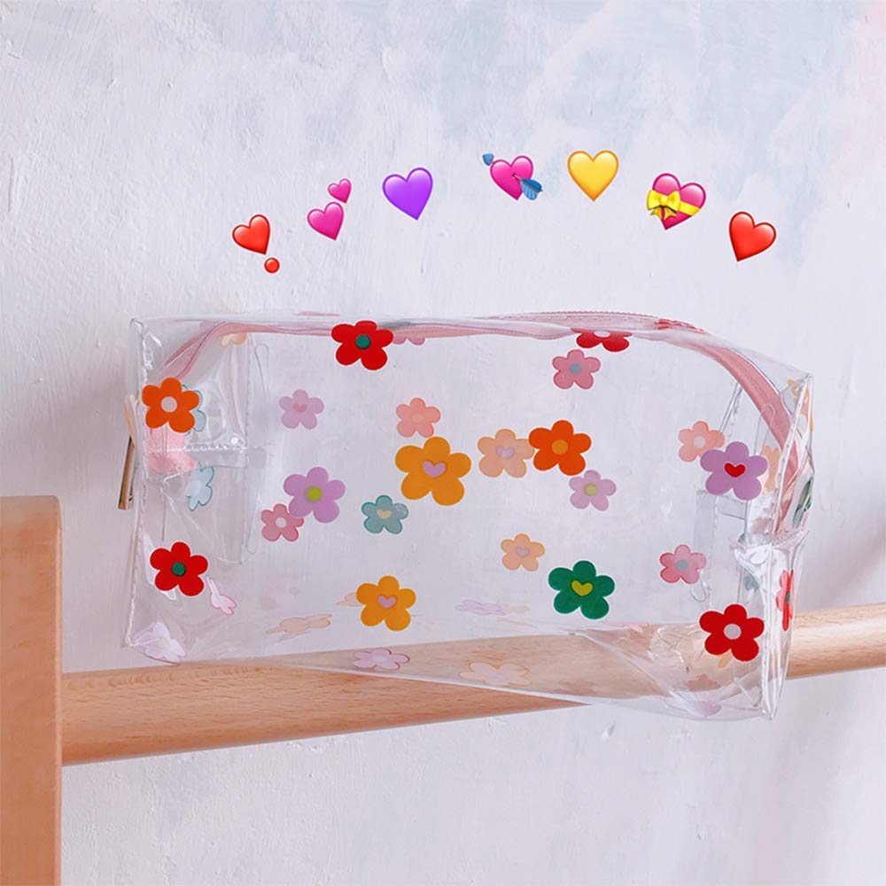 Cute Crystal Clear Cosmetic Bags, Travel Toiletry Clear Makeup Bags, Portable Makeup Brushes Kit Storage Bag, Waterproof Cartoon Organization For Women Girls (Floral)