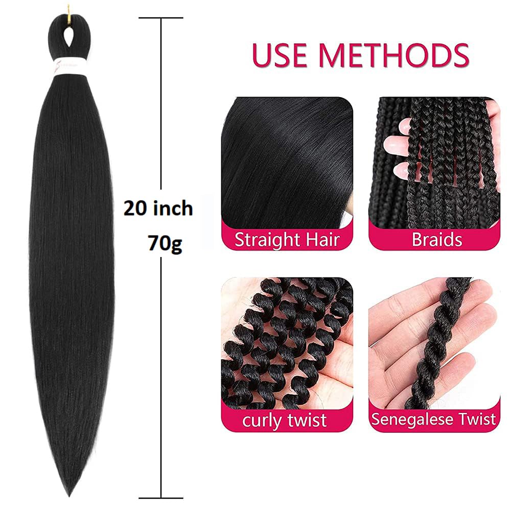 Pre Stretched Braiding Hair 20Inch Black Braiding Hair 8 Packs Easy Braids Hair Yaki Straight Hot Water Setting Synthetic Braiding Hair Extensions for Women