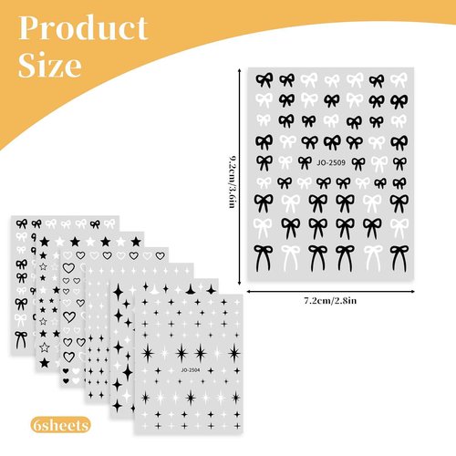 Abeillo 6 Sheets Nail Art Stickers, Star Heart Bows Nail Decals, Black White Nail Design Stickers, Self-Adhesive DIY Nail Charms for Women Girls Manicure Decoration