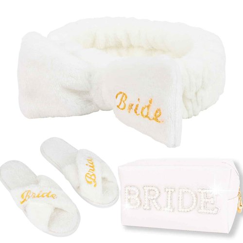 CIEHER Bride To Be Gift Set - Bride Spa Headband & Slippers, Makeup Bag, Bridal Gifts for Bachelorette Party Favors Bridal Shower Wedding Day