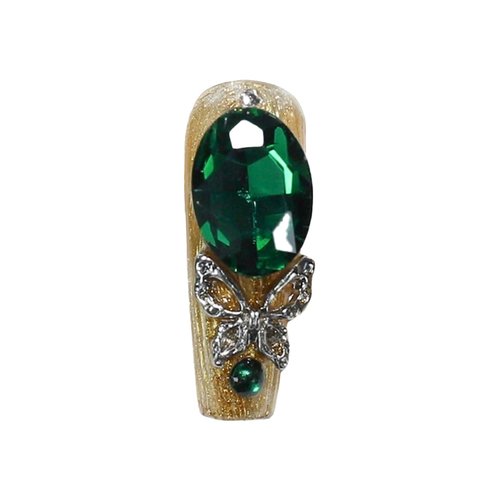 ArtiPrint Press on Nails Set with Emerald Green Large Rhinestones Butterfly Easy to Apply & Gentle on Nails, Women’s Dramatic Cosplay, Gift Box Included (DM024, S)