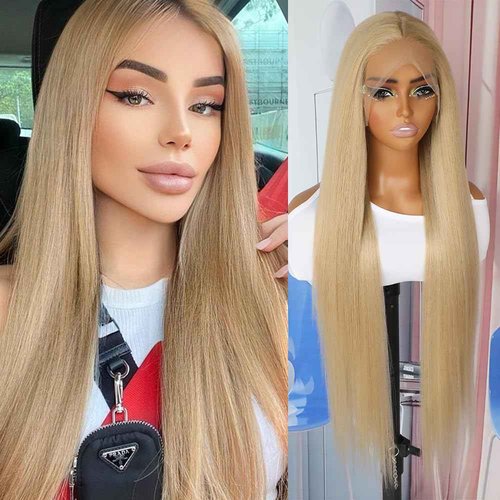 QD-Tizer Ash Blonde Synthetic Hair Wigs Long Straight Hair Mixed Platinum Blonde Color Natural HairLine Heat Resistant Fiber Hair Wigs for Fashion Women 32Inch