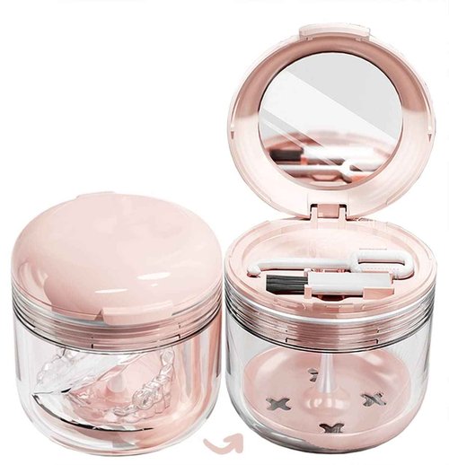 MURRI&MURRDI Retainer Mouth Guard Soak Container Box, Denture Bath Case with Strainer Basket, Braces Cleaner Cup Leak Proof, Travel Cleaning Storage Holder for Aligners Dental, Pink