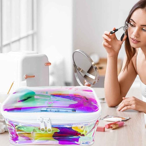 TotePrint TPU Holographic Clear Makeup Bags Bulk,Clear Storage Bag Toiletry Pocket Portable Zippered Iridescent Pouch Waterproof Cosmetic travel Bags with white zipppe for Women