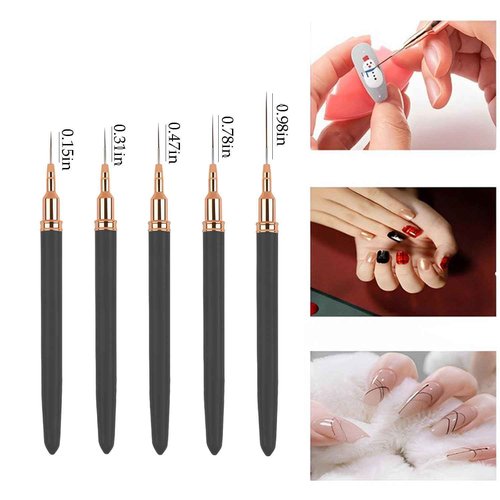 5Pcs Metallic Nail Art Liner Brush Set, UV Gel Polish Painting Tools for Long Lines, Thin Details, Fine Drawing, Sizes 4/8/12/20/25mm (Black)