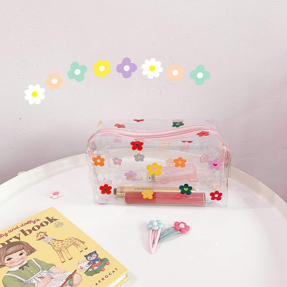 Cute Crystal Clear Cosmetic Bags, Travel Toiletry Clear Makeup Bags, Portable Makeup Brushes Kit Storage Bag, Waterproof Cartoon Organization For Women Girls (Floral)