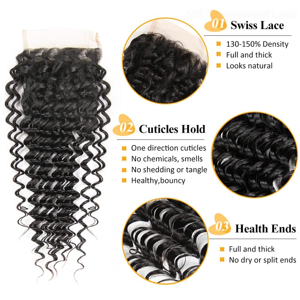 QTHAIR 5x5 Transparent HD Lace Closure Deep Wave Hair Closure Invisible Lace 14A Brazilian Virgin Remy Human Hair Frontal Closure 100% Human Hair Extensions Pre Plucked Natural Black 14 Inch