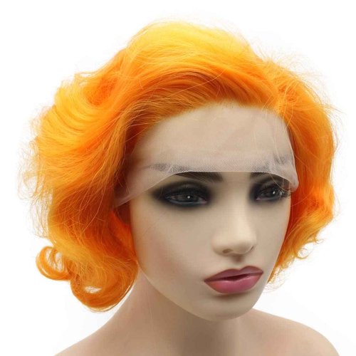 Peakia Short Wavy Wig Orange Half Hand Tied Lace Frontal Wigs Synthetic