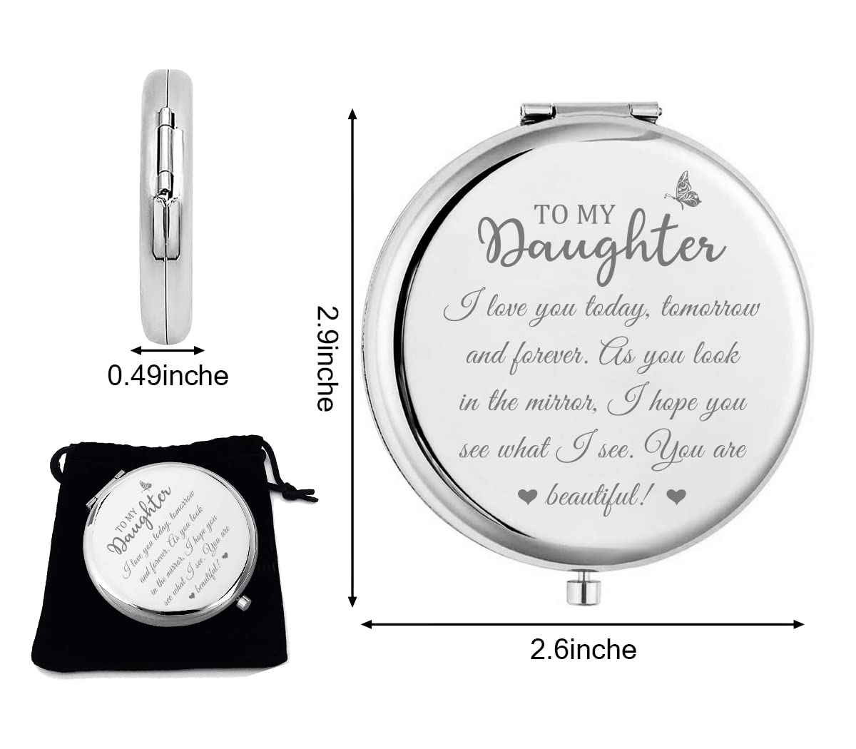 Kukeyiee to My Daughter Sliver Compact Travel Cosmetic Makeup Mirror, Handheld Small Portable Pocket Folding Mirror for Daughter, Birthday, Graduation, Engagement, Wedding, from Mom Dad…