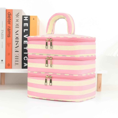 Apxouans Three Layer Makeup Bag for Women Fashion Stripes Cosmetic Bag Preppy Style Travel Water-Resistant Toiletry Bag for Storage Toiletries Cosmetics Sets for Women Teen Girls Pink
