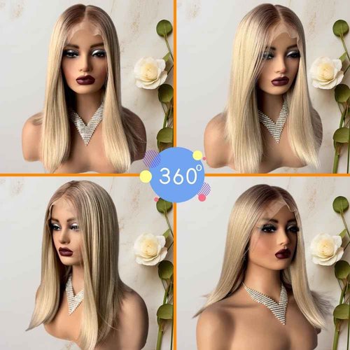 21AE Ombre Blonde Wigs for Black Women T4/613 Blonde Bob Hair Cut Dark Roots HD Transparent Lace Front Wigs with Baby Hair Pre plucked Silky Straight Japanese Synthetic Wigs