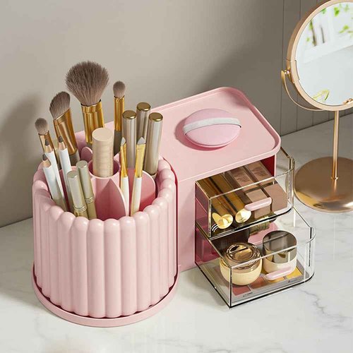 STORICANS Makeup Organizer Countertop,360 Rotating Makeup Brush Holder With 2 Drawers,Small Preppy Organizer |9.25x5.11inch|Pink
