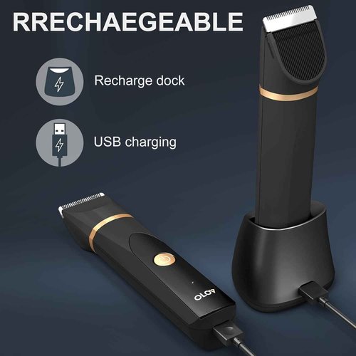 OLOV Electric Body Hair Trimmer - Groin Trimmer for Men - Bikini Trimmer Women - Wet/Dry Shaver Groomer, Replaceable Ceramic Blade Heads, USB Recharge Dock, Waterproof Hygiene Razor,Black