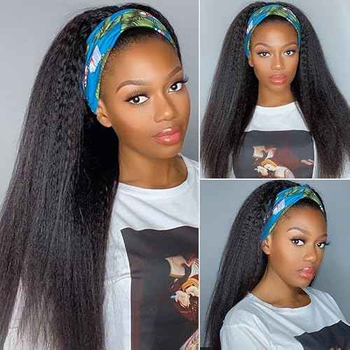 Headband Wig Human Hair 26 Inch Kinky Straight Headband Wigs for Black Women Straight Human Hair Wigs Glueless No Lace Front Wigs Brazilian Virgin Human hair 180% Density Natural Color