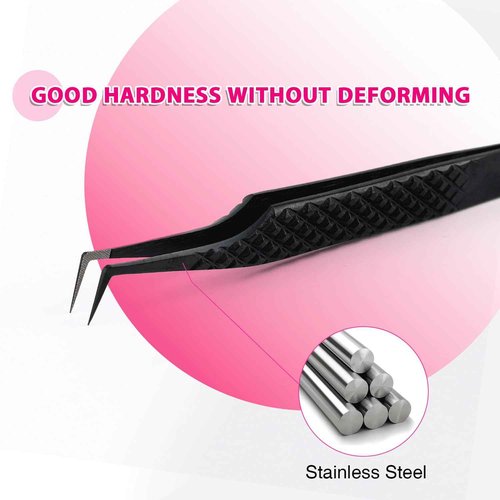TDANCE Lash Tweezers for Eyelash Extensions, Diamond Grip 90 Degree Fiber Tip Lash Tweezers for Volume Lashes Make Fans, Stainless Steel Lash Extension Tweezers(Black-05)