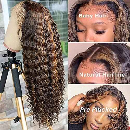 BLY Highlight Human Hair Lace Front Wigs Deep Wave #4/27 Ombre Colored Glueless Wigs Pre Plucked 22 Inch 4x4 Transparent Curly Water Wave Lace Wig Honey Blonde Real Human Hair 180% Density
