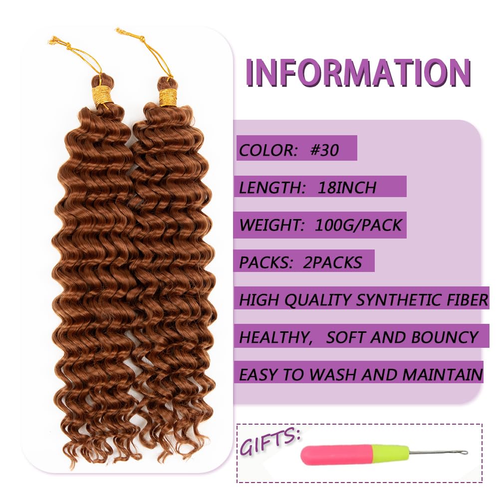 Deep Wave Crochet Hair 18 Inch 2 packs Long Curly Braiding Hair Extensions Ocean Wave Crochet Hair For Black Women Synthetic Ocean Wave Curly Crochet Hair For Boho Box Braids (#30, 18inch, 2pack)