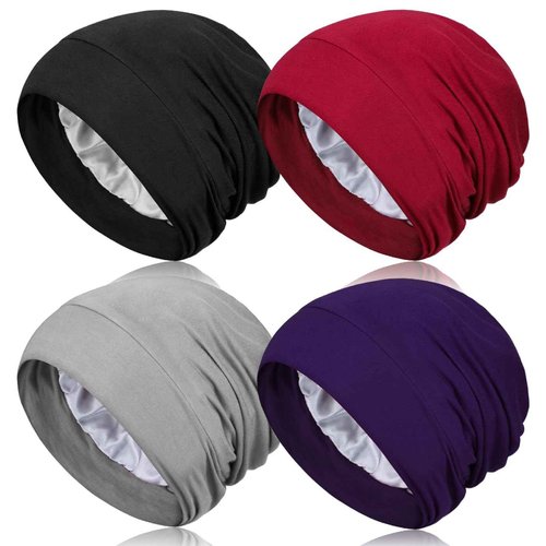 Heywhose 4 Pieces Satin Lined Sleep Bonnet - Adjustable Sleeping Cap Slouchy Beanie Hat for Curly Hair