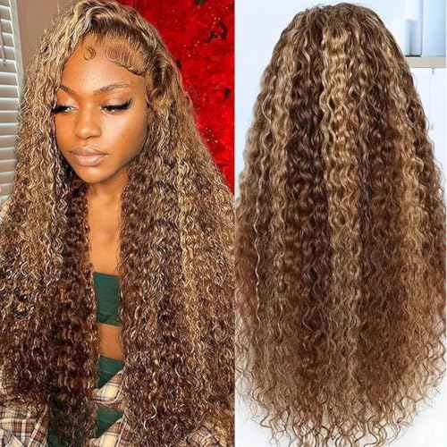 5x5 Hd Lace Closure Wigs Human Hair Highlight Deep Wave Closure Wigs Human Hair for Women Honey Blonde Wig Human Hair Pre Plucked P427 Ombre Wet Wavy Deep Curly Wig 180% Density 26 Inch