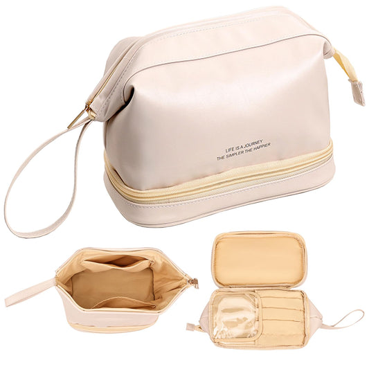 AUSEKALY Makeup Bag Travel Cosmetic Bag Double Layer Leather Toiletry Bag With Brush Bag For Women Girl High Capacity Make Up Bag Portable Waterproof Makeup Pouch White