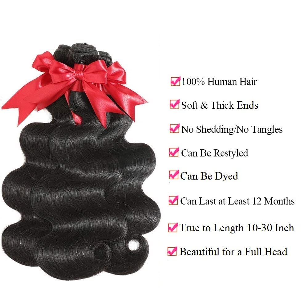 10A Brazilian Body Wave Bundles Human Hair 12 14 16 Inch 100% Unprocessed Human Hair Bundles Body Wave Remy Virgin Hair Weave Bundles Human Hair 3 Bundles 1B Black