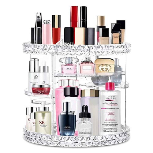 V-HANVER 360 Rotating Makeup Organizer Perfume Organizer Clear Cosmetic Storage Display Case Large Capacity Acrylic Beauty Holder Adjustable Partition Height for Bedroom Dresser or Bathroom Vanity