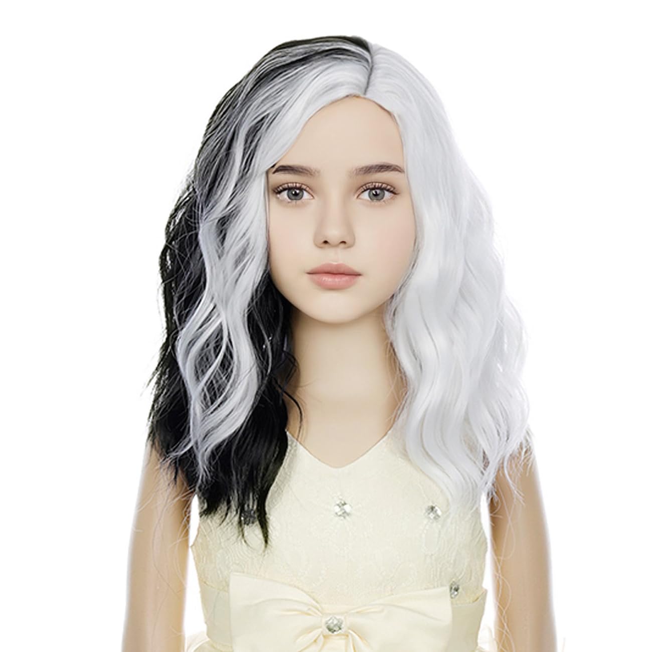 DUDUWIG Girls Black and White Wig Kids Short Half Black and Half White Wavy Curly Bob Wig Children Black White Wig for Halloween Cosplay