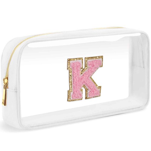 LOFOWN Initial Clear Makeup Bag Small Cosmetic Bag Travel Toiletry Bag Clear Zipper Pouch Purse Organizer Bags for Women (White-M, K)