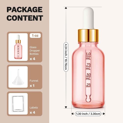 Bumobum 1 oz Dropper Bottle, Pink Glass Dropper Bottle with Glass Measured Dropper & Golden Cap, Empty Eye Tincture Bottles with Funnel & Labels for Essential Oils Serums Tavel Liquids, 4 Pack