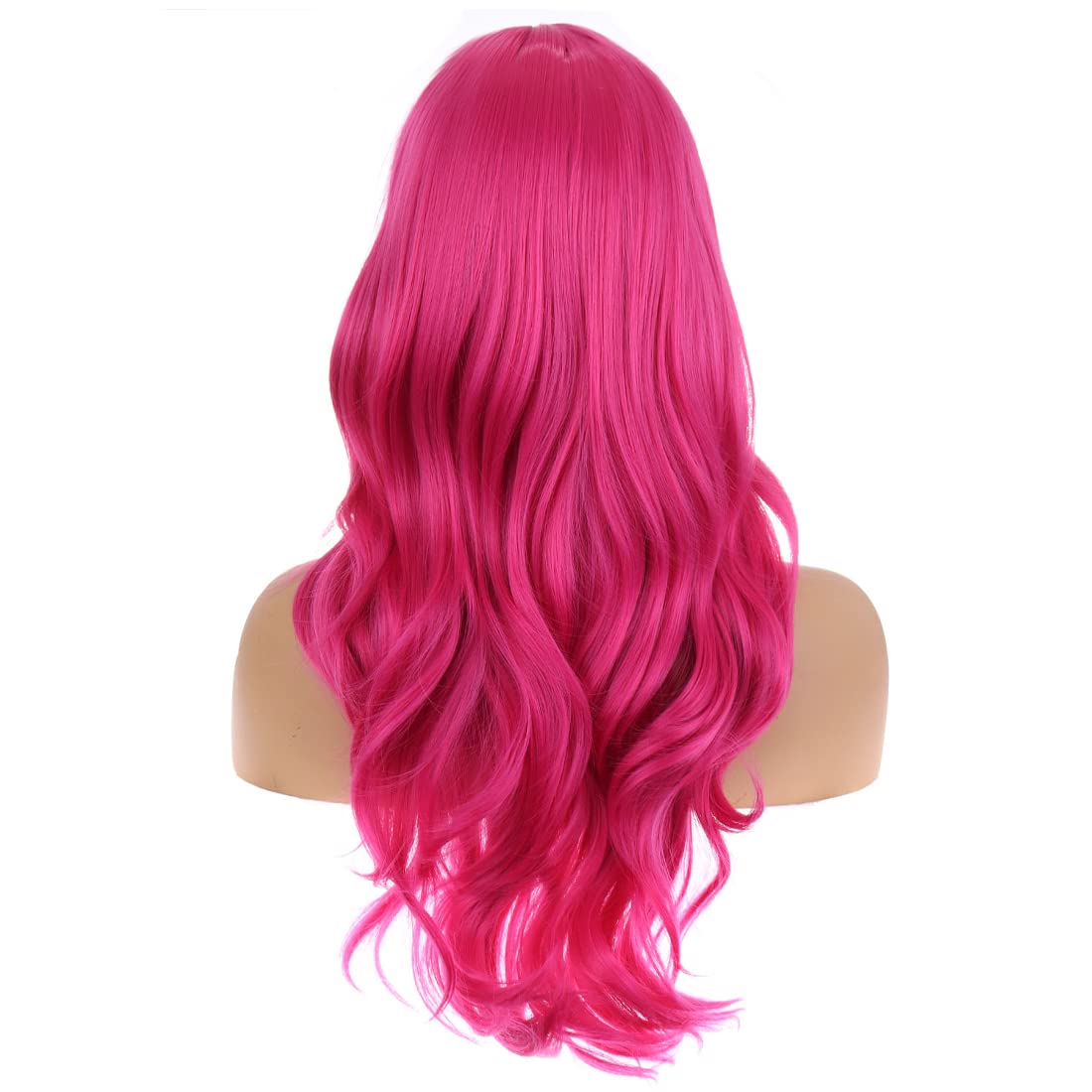 BERON 26 Inches Hot Pink Wig Long Wavy Wig with Bangs Synthetic Wig Long Wig Rose Red Wigs for Daily Party with Wig Cap