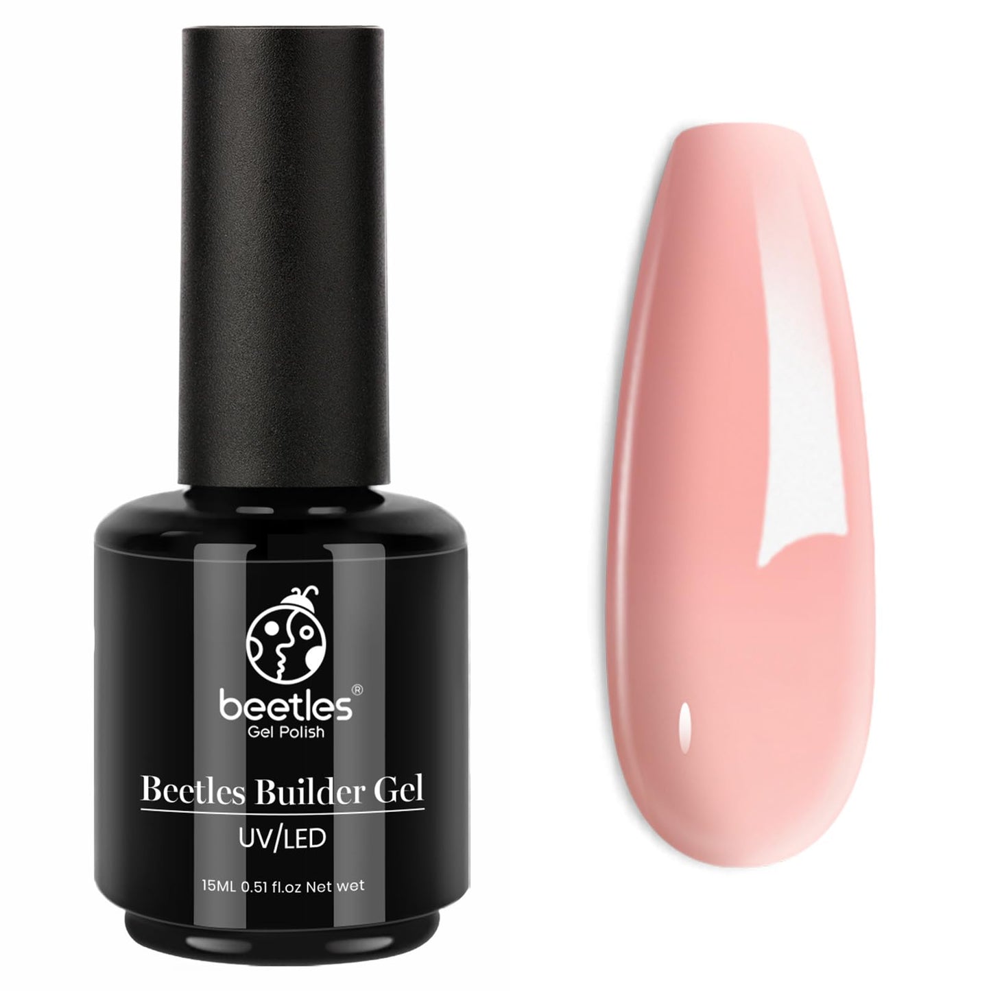 Beetles Builder Gel 15ML, 5 in 1 Builder Strengthener Gel Translucent Pink Jelly Hard Gel Nail Extension Brush in Bottle UV Gel Nail Polish, No Slip Solution Need Base Gel Needed