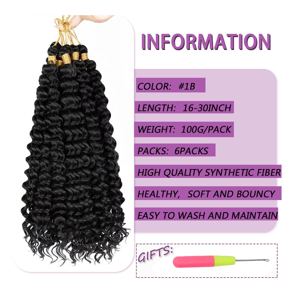 Deep Wave Crochet Hair 16 Inch 6 packs Long Curly Braiding Hair Extensions Ocean Wave Crochet Hair For Black Women Synthetic Ocean Wave Curly Crochet Hair For Boho Box Braids (1B, 16inch, 6pack)