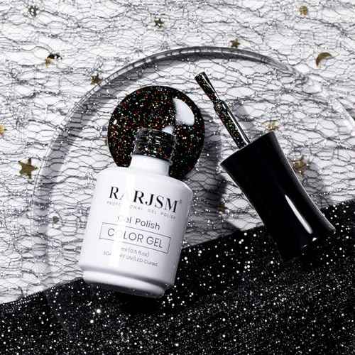RARJSM Gel Nail Polish Black Glitter Sparkly Chunky Iridescent Rainbow Shimmer Pigments Nail Gel Polish Soak off Led UV Curing Required for Nail Art Salon Manicure 15ml Fall Winter Christmas