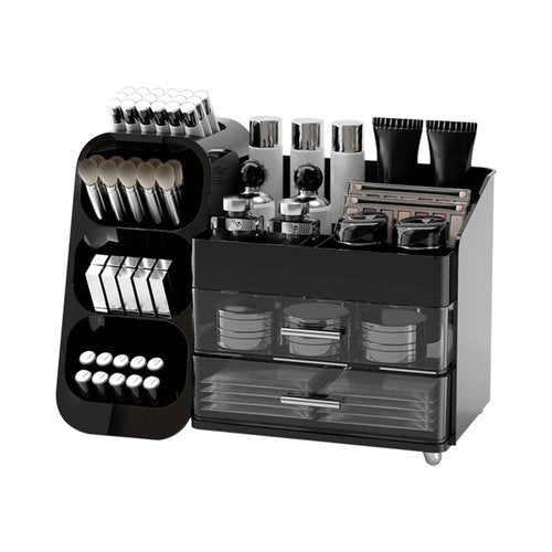 UFORU Makeup Organizer for Vanity with Brush Holder, Countertop Skincare Organizer with 2 Drawers, Spacious Cosmetic Display Case for Perfumes, Cologne, Shaving Lotion