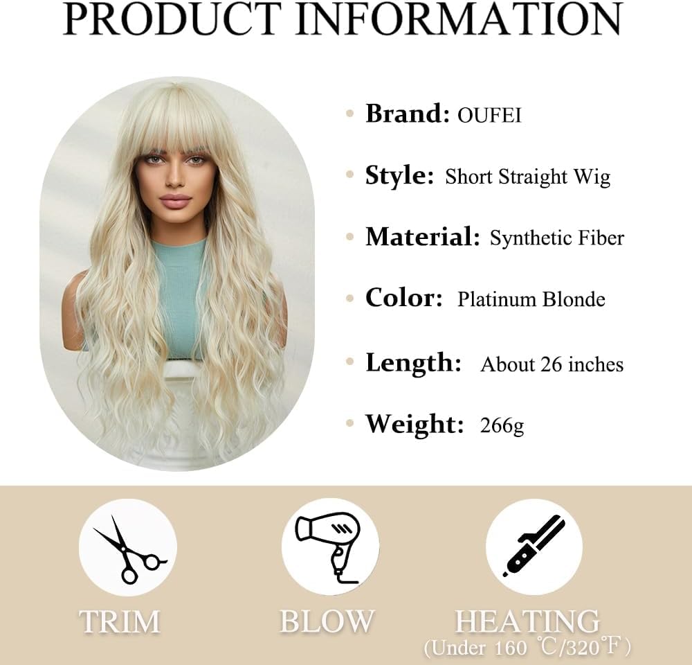 OUFEI Blonde Wigs for Women Long Curly Wig With Bangs Wavy wig Natural Synthetic Hair for Daily Party Cosplay Wear