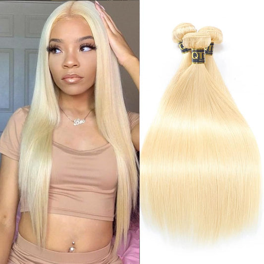 QTHAIR Straight Human Hair Blonde Bundles 18 20 22inch 14A Grade 100% Brazilian Human Hair Color #613 Platinum Blonde Straight 14 16 18 inch Brazilian Virgin Straight Human Hair 3 Bundles