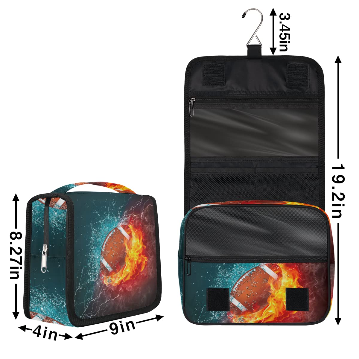 OMFUNS American Football Toiletry Bag for Women Men with Hanging Hook Fire Sport Ball Travel Cosmetic Bag Makeup Case Shaving Bag Organizer Pouch Bathroom Shower Toiletries Accessories