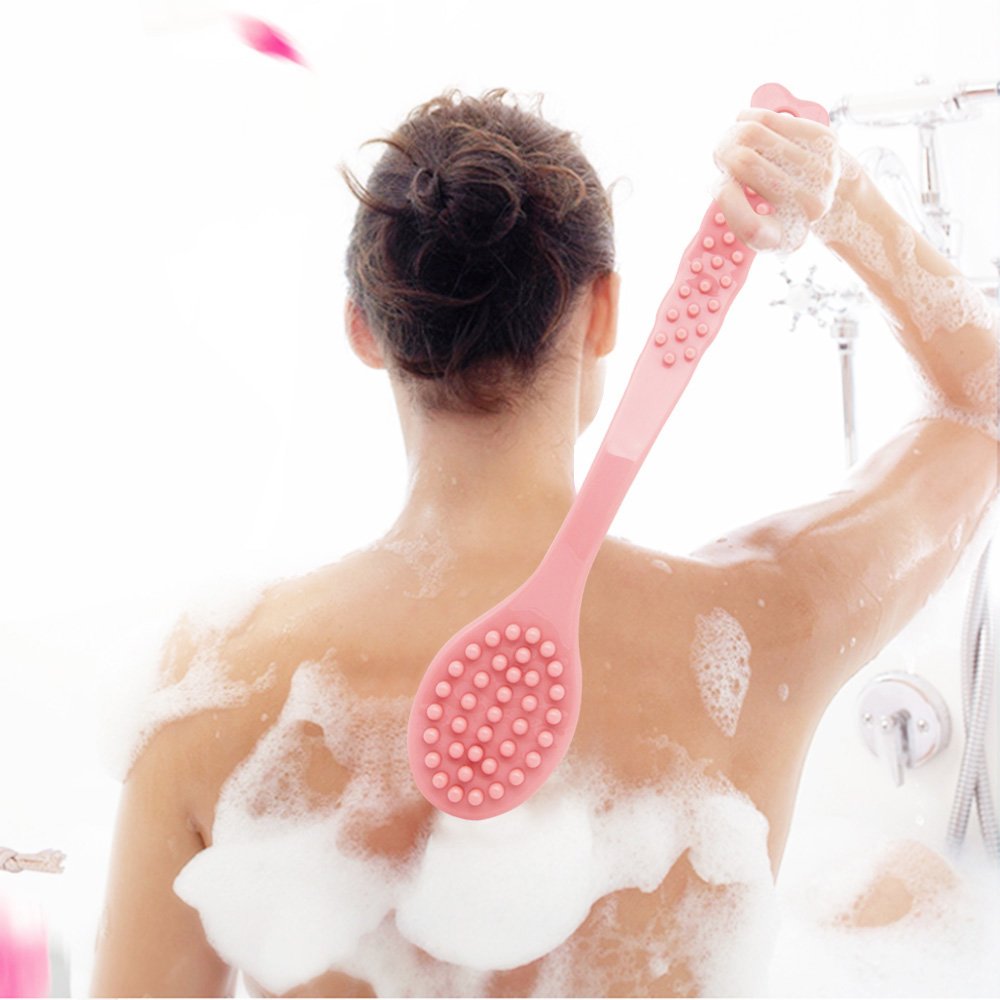 QiCheng&LYS Pink Body Brush Shower cepillo de ducha Bath Brush with Long Handle, Handheld Body Massage Brush Shower Back Scrubber-14inch (Pink)