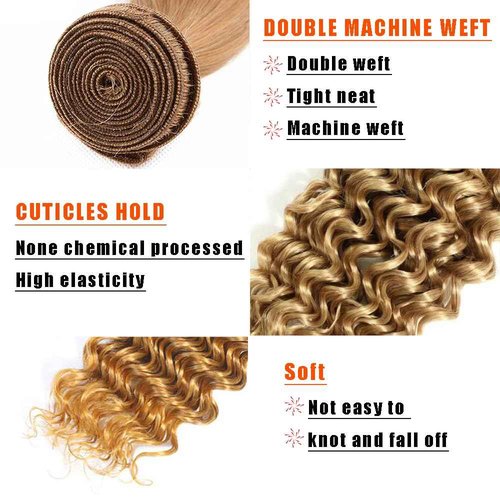Deep Wave Human Hair Bundles Blonde 24 Inch Deep Single Bundle #27 Honey Blonde Human Hair Unprocessed Native Virgin Hair 100g Total Double Weft Crochet Human Hair Extensions for Women