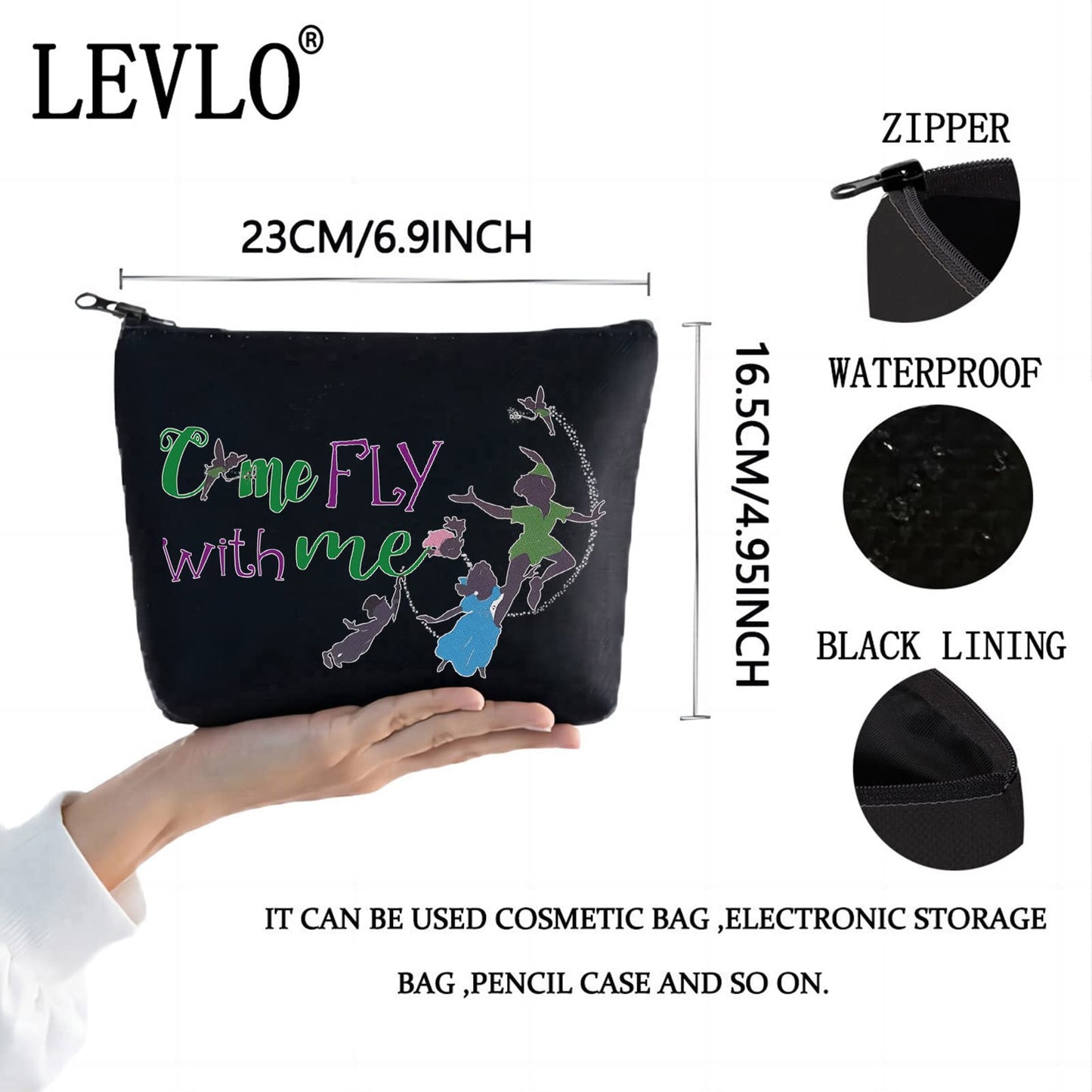 LEVLO Peter Fans Cosmetic Bag Peter Movie Fans Gift Come Fly With Me Makeup Zipper Pouch Bag For Women Girls (Come Fly Black)