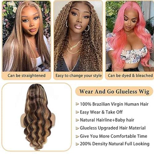 Lagalaga 20 Inch Color P4/27 Body Wave Wigs Human Hair Highlight Blonde Wis 200% Density Highlight Lace Frontal Wig 4x4 Lace Closure Wig Human Hair Pre Plucked For Black Women