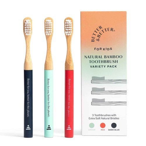 Better & Better Natural Bamboo Toothbrush for Kids | Extra Soft Bristle Toothbrush | 100% Plant-Based | Reusable Handle, Replaceable Brush Head | Eco-Friendly, Zero Plastic (Variety Pack of 3)