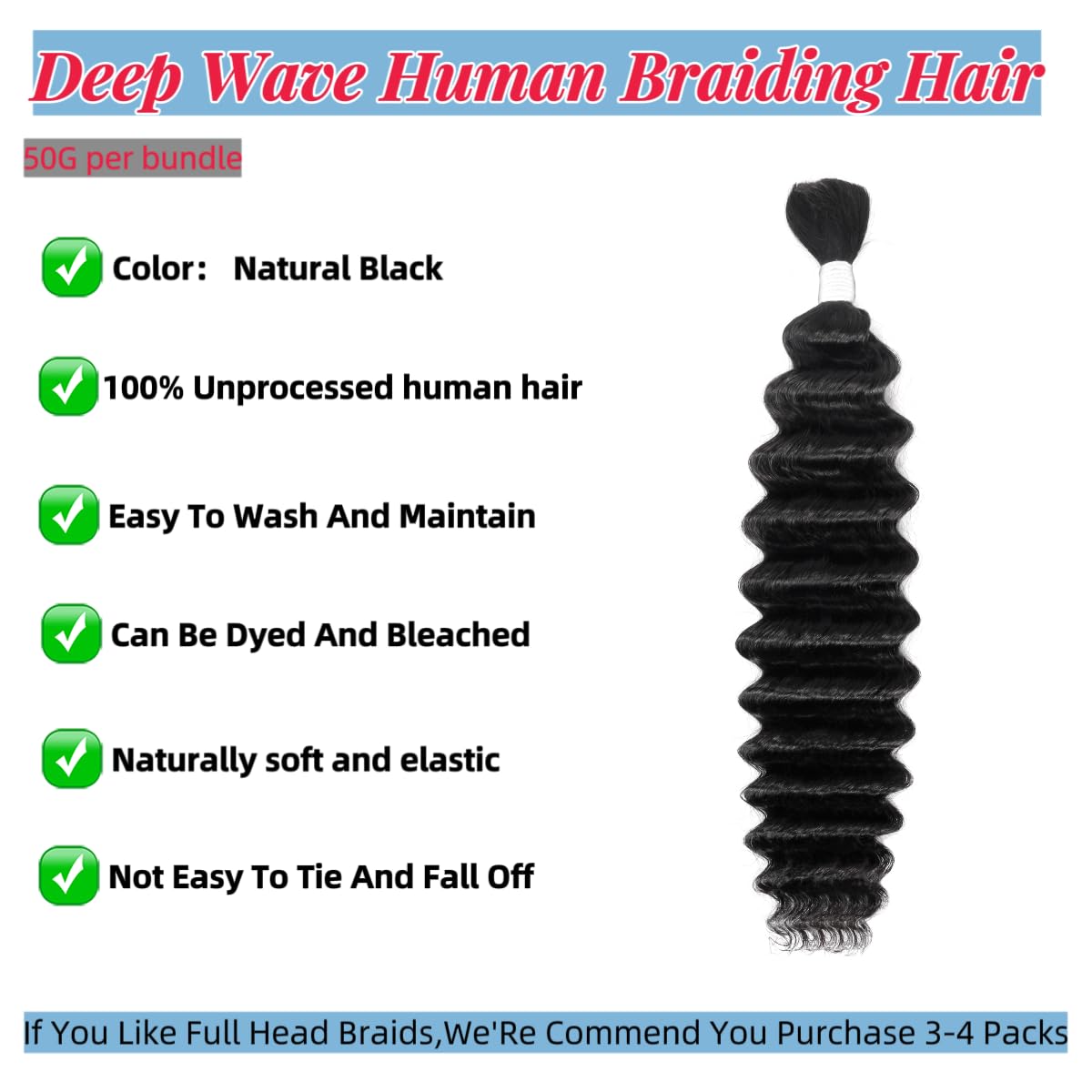 Human Braiding Hair Deep Wave Bulk Human Hair for Braiding No Weft 1 Bundle 50g 24Inch 10A Brazilian Virgin Human Hair Braiding Hair Extensions Curly Bulk Human Hair for Boho Braids