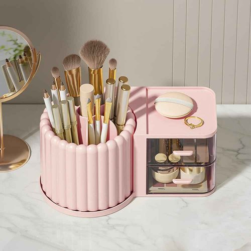 STORICANS Makeup Organizer Countertop,360 Rotating Makeup Brush Holder With 2 Drawers,Small Preppy Organizer |9.25x5.11inch|Pink