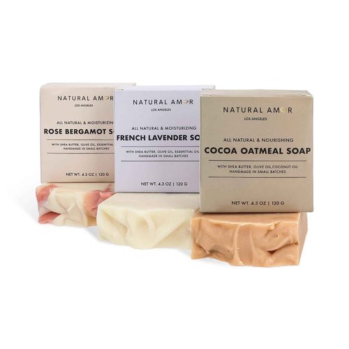 Natural Amor All Natural Handmade Soap Bar, Nourishing 3 pack- Rose Bergamot, Lavender, Unscented Oatmeal Bar Soap, 4.3 OZ each