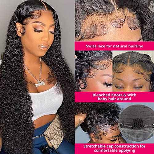 QinMei 13x4 Deep Wave Human Hair Lace Front Wigs for Black Women Brazilian Virgin Human Hair Deep Curly Lace Front Wigs with Baby Hair Pre Plucked Bleached Knots Natural Color 180% Density 20 Inch