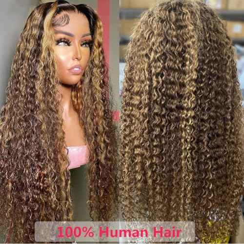 ITODAY 28 Inch Highlight Ombre Lace Front Wig Human Hair 13x6 HD Honey Blonde 4/27 Deep Wave Jerry Curly Lace Frontal Wigs Glueless Wigs Human Hair