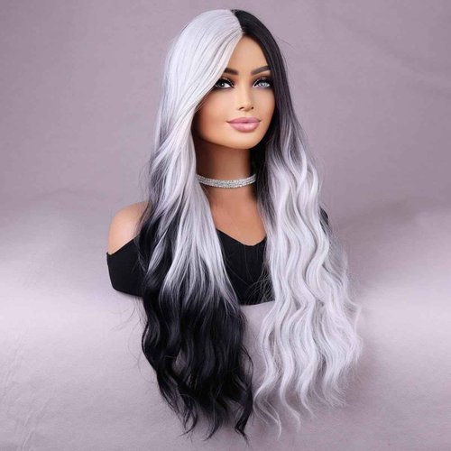 MAGQOO Black White Wig for Women Long Curly Wavy Black White Wig Middle Part Synthetic Heat Resistant Halloween Cosplay Costume Party Wig