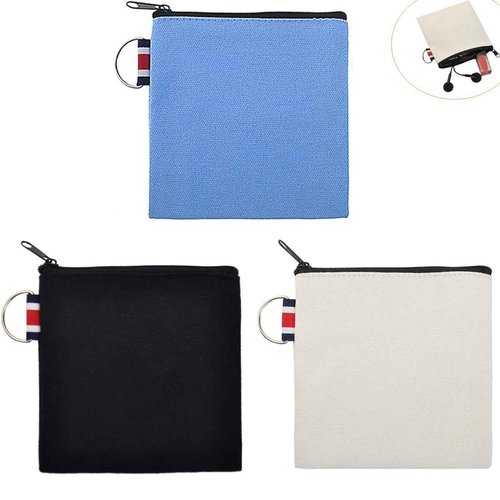 DraCra 3 Pack Small Canvas Zipper Pouch with Hanging Ring Square Pocket Carrying Purse Travel Storage Organizer Case Mini Toiletry Bag for Makeup Lipstick Cosmatic Change Coins Earphone Charger Cable