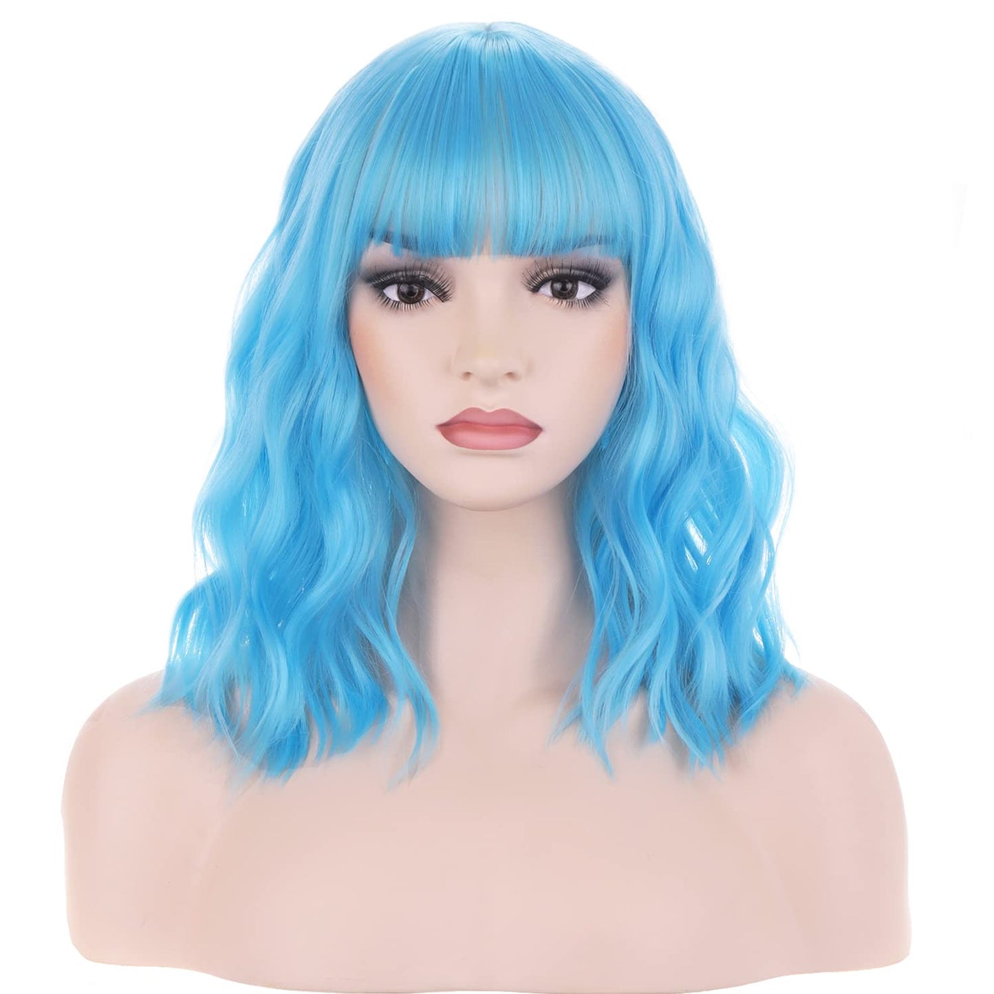 BERON 14 Inches Blue Wig Short Curly Wig with Bangs Women Girl's Charming Wig Sky Blue Wig Synthetic Wig with Wig Cap